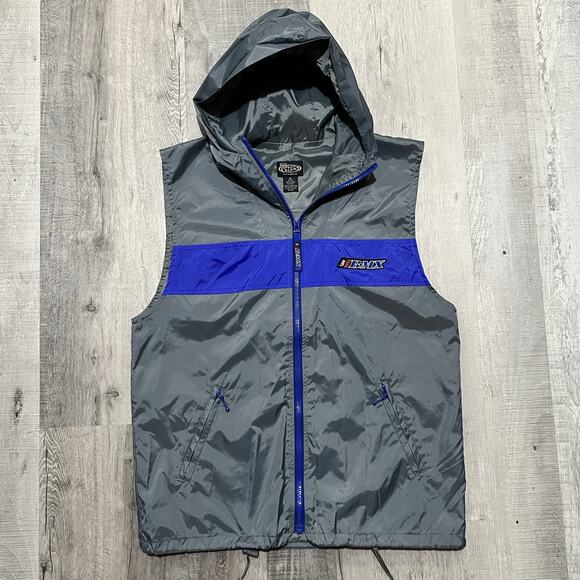 VTG Lee Pipes BMX Sleeveless Grey /Blue Nylon 90s Y2K Hooded Windbreaker Vest - Picture 1 of 6